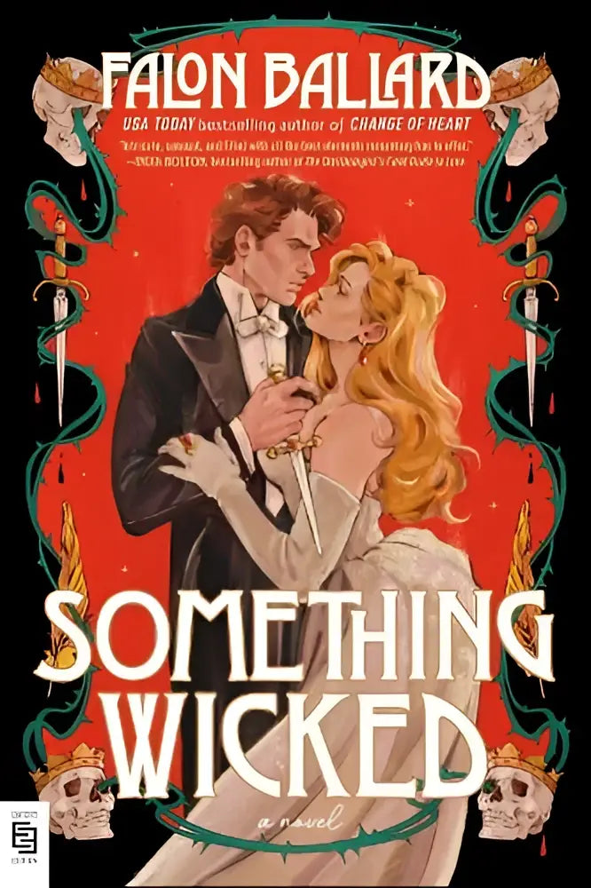 Rood boekcover van something wicked met romantische illustratie en groene wijnranken met schedels voor idle reputations