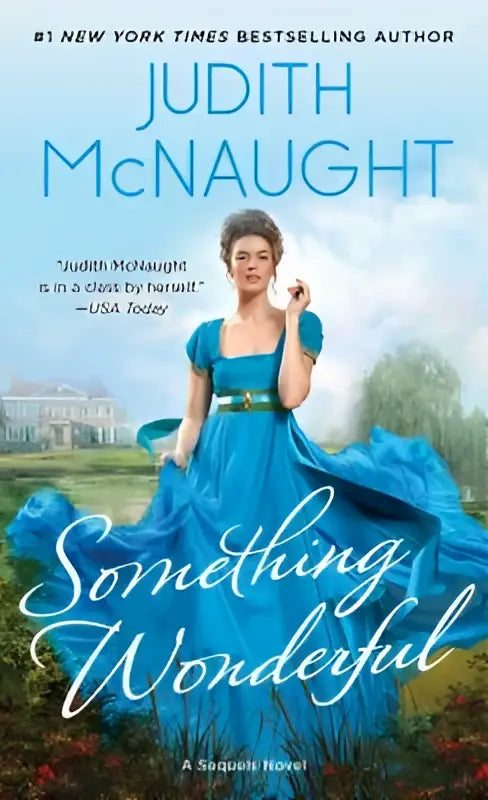 De omslag van judith mcnaughts boek something wonderful toont een vrouw in een elegante koningsblauwe jurk met gouden details