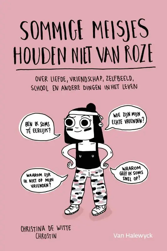 Roze boekcover met cartoonmeisje in zwartwit en tekstballonnen van ultimate survival guide sommige meisjes houden niet van roze