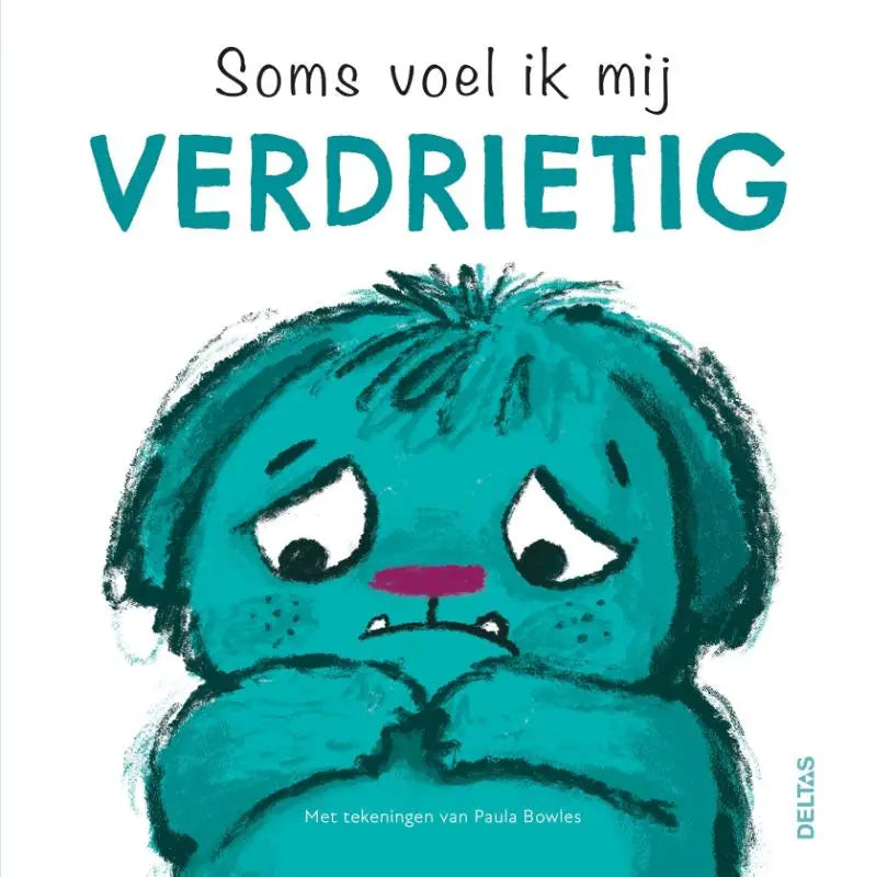 Teal gekleurde geïllustreerde kindfiguur met verdrietige ogen op de boekcover van soms voel ik mij verdrietig voor jonge lezers