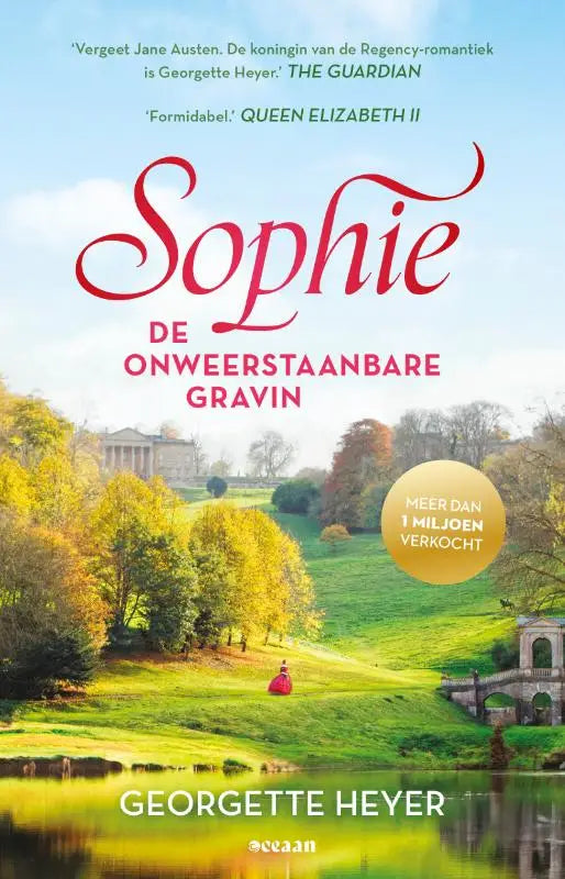 Rode boekcover van onweerstaanbare gravin sophie met scenic landschap en herfstbomen voor familie ombersly en eigenwijze sophie