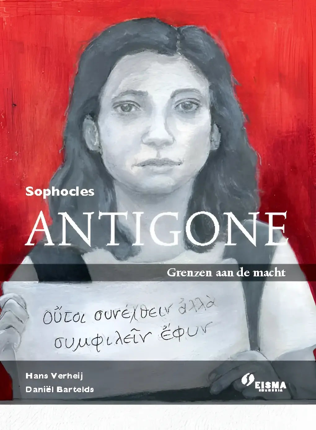 De cover van het boek antigone van sophocles met een zwart-witte illustratie van een vrouw tegen een rode achtergrond