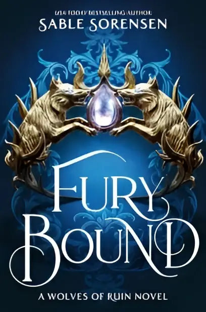De standaardeditie van fury bound toont een boekomslag met twee gouden wolven en een kroon met paarse edelsteen