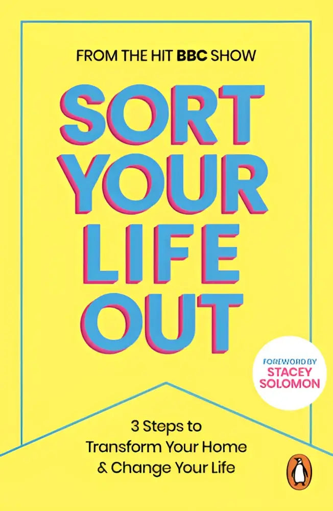 Heldere gele boekomslag van bbc books met opvallende blauwe en roze tekst sort your life out van life out team