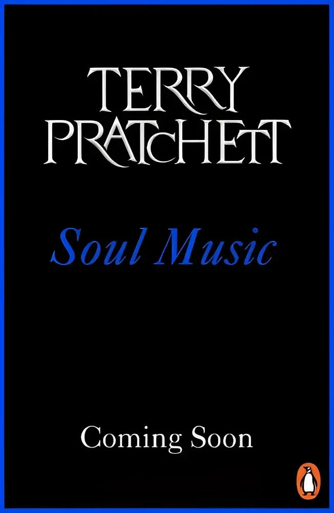Zwarte boekomslag met witte en blauwe tekst van soul music door terry pratchett discworld novel 16