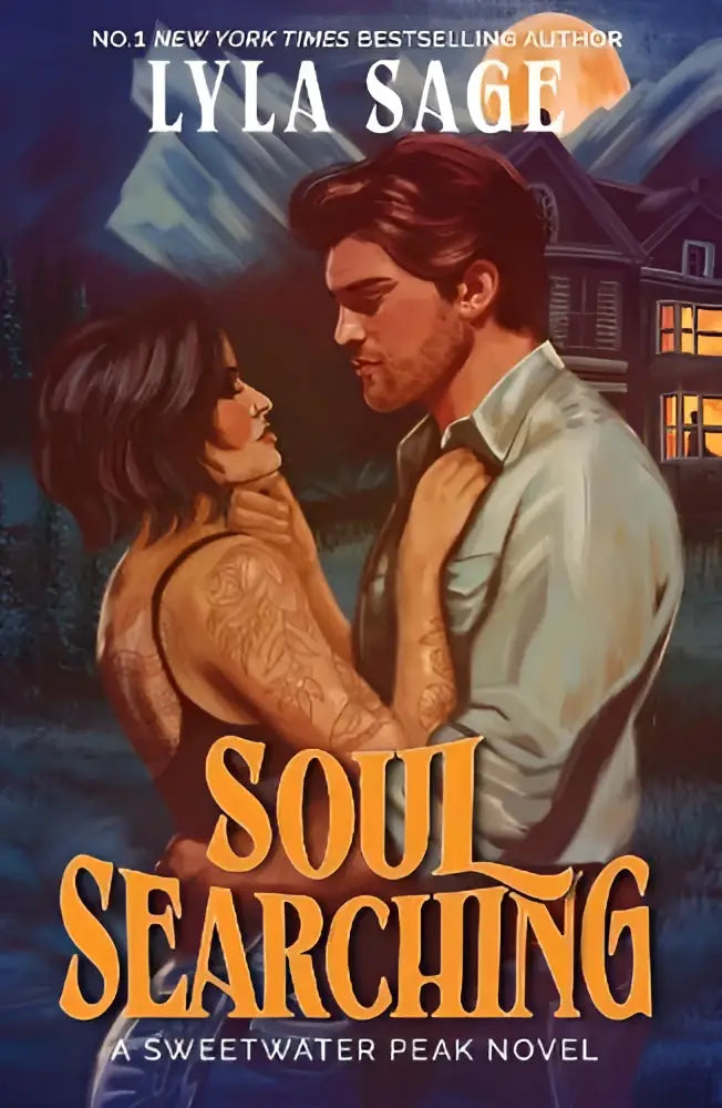 De boekcover van soul searching toont een romantische illustratie van een omhelzend koppel onder een maanlichthemel met de titel in oranje, perfect om cosy up with te lezen van de new york times bestselling auteur