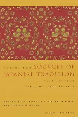 De boekomslag van Sources of Japanese Tradition, abridged 1600 to 2000 part 2 toont een rood achtergrond met gouden bloemmotieven en een zwarte serif titel