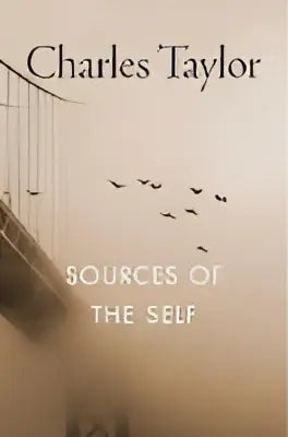 De boekomslag van sources of the self van Charles Taylor toont minimalistische silhouetten van vogels boven een brug op beige achtergrond