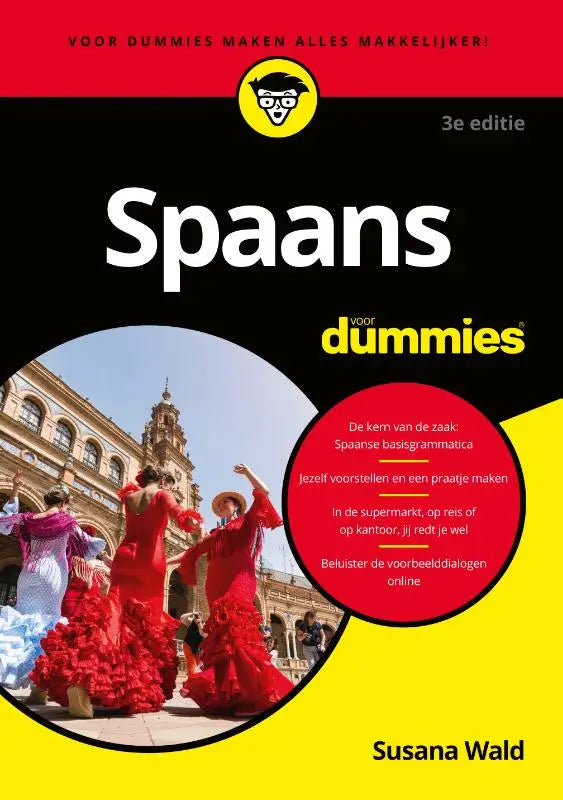 Vibrante gele en zwarte boekomslag van spaans voor dummies met witte tekst en flamencodanseressen in rode jurken