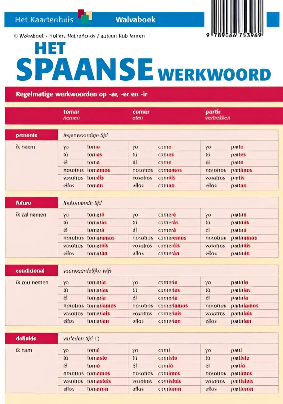 De achterkant van het spaanse werkwoord workbook van walvabook met blauwe header en rode accenten in tabeltitels