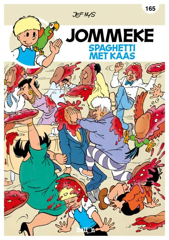 Jommeke spaghetti met kaas comic cover toont cartoonjongen die wuift naast papegaai en personages met rode saus jef mys strips algemeen