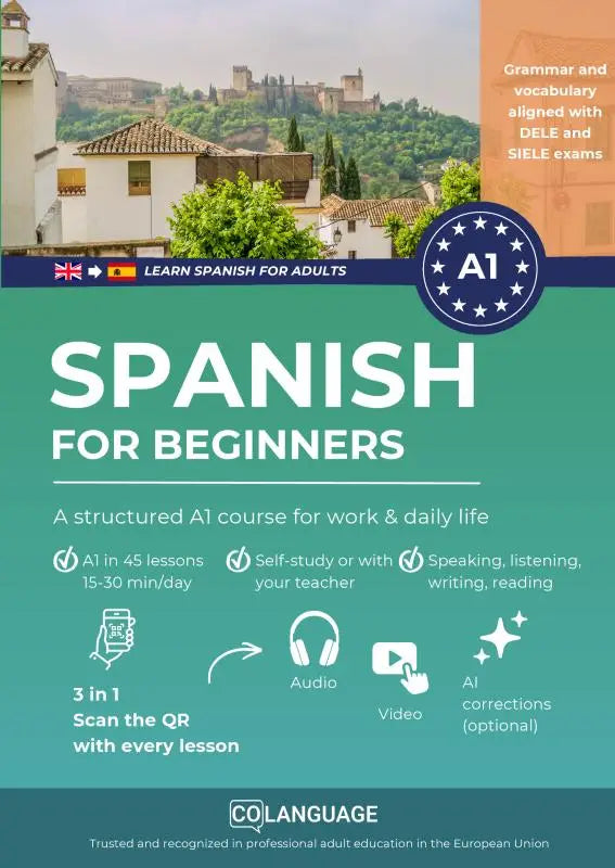 Teal en oranje educatieve poster voor een structured a1 course van colanguage gericht op spanish for beginners en a1 exam prep