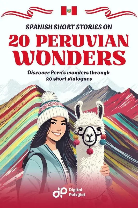 De boekcover toont kleurrijke illustraties met rode tekst van spanish short stories en een vrouw met een witte alpaca