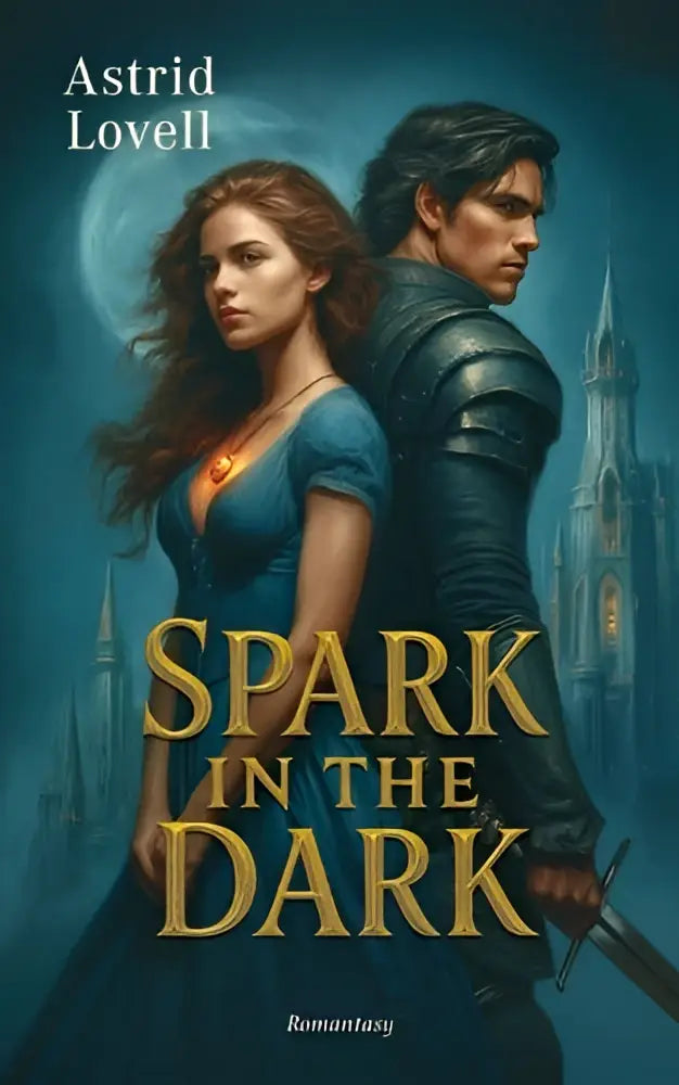 De fantasy romance roman spark in the dark door astrid lovell toont een vrouw in blauwe jurk en man in zwart pantser bij kasteel