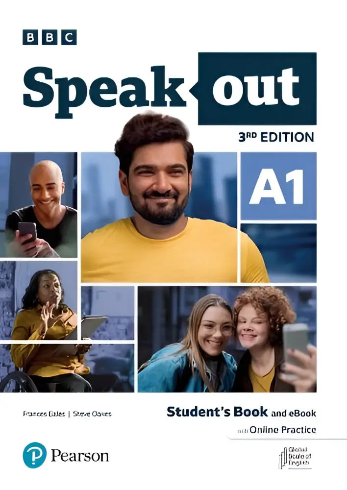 Speakout 3ed a1 student book and ebook with online practice features a smiling man in yellow on a white cover with blue accents
