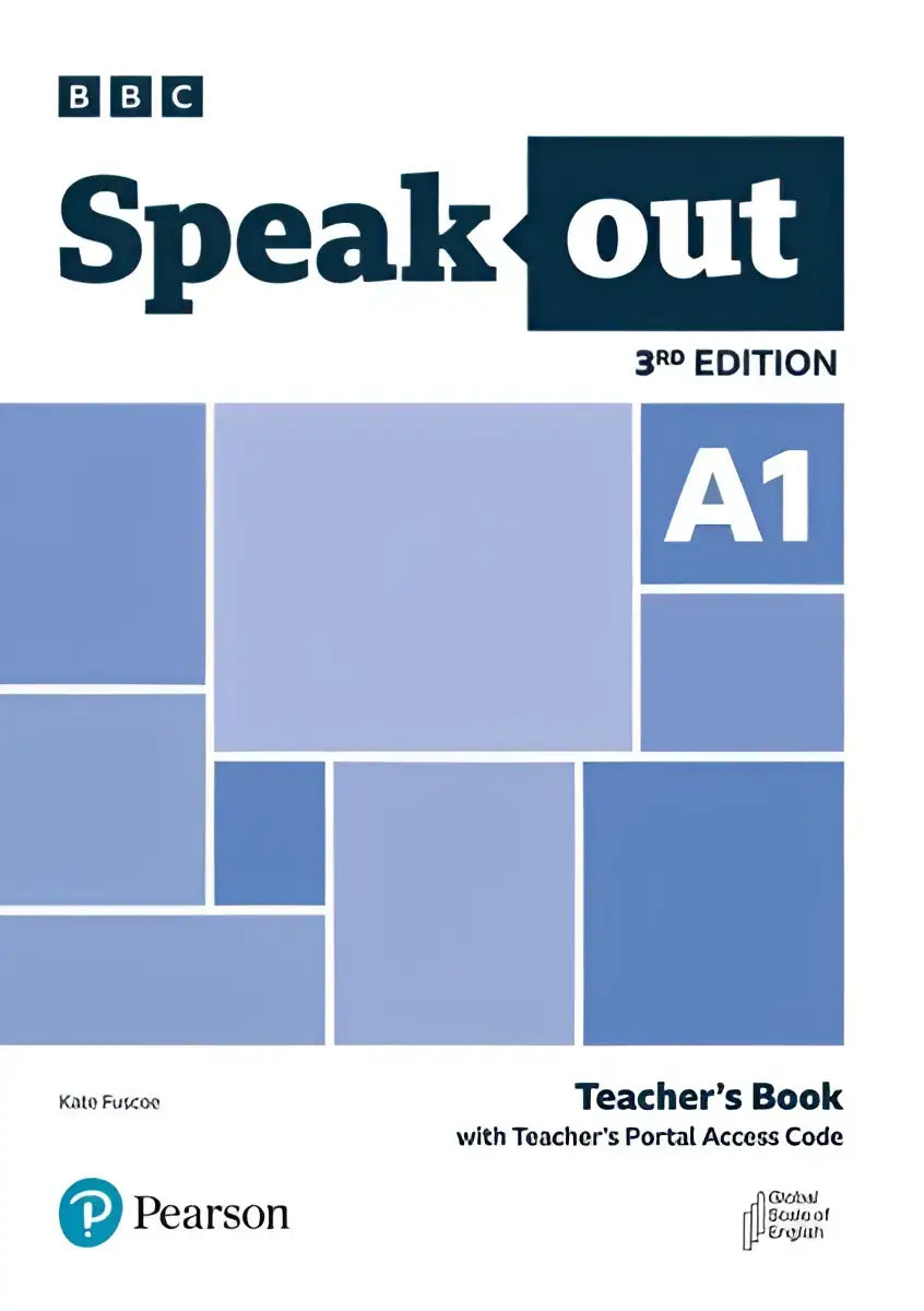 Speakout 3ed a1 teacher’s book met teacher’s portal toegangscode, blauw geometrisch ontwerp met witte tekst en Pearson-logo