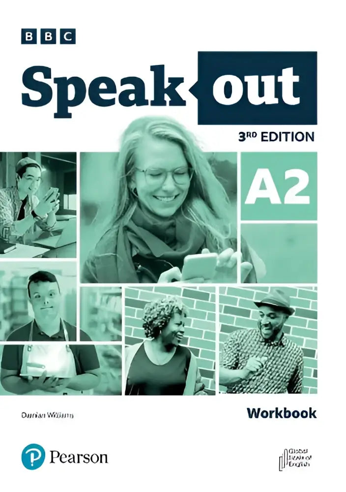 Speakout 3ed a2 workbook with key van bbc en pearson met groene collage van lachende mensen en technologiegebruik