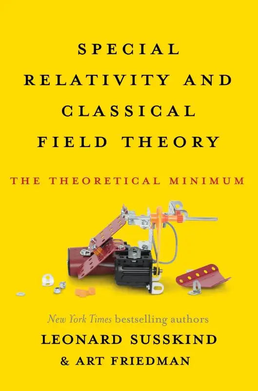Gele boekomslag van special relativity and classical field theory met mechanisch model in rood zwart zilver en oranje