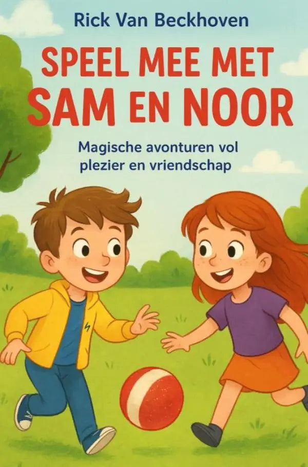 De boekcover van speel mee met sam en noor toont twee kinderen spelend buiten in een magische avonturen scène voor jonge lezers