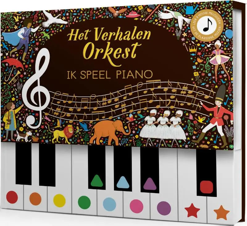 Colorful illustrated children’s piano book titled Ik speel piano with interactive keys and musical characters for jonge lezers