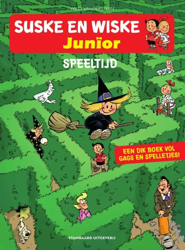 De groene omslag van speeltijd met suske en wiske junior en een levendige doolhof maakt het een informatieve strip