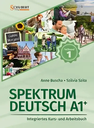 De voorkant van spektrum deutsch a1+ deelband 1 kursbuch met levendig collageontwerp en groene accenten