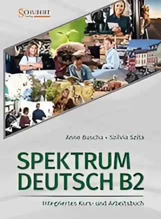 The book cover of Spektrum Deutsch B2 Kursbuch features bold green title and a diagonal collage of people and landscapes