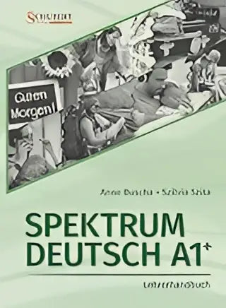 Groen bedekt leerboek spektrum deutsch a1+ met zwart-wit foto’s op de voorkant voor gebruik als lerarenhandleiding