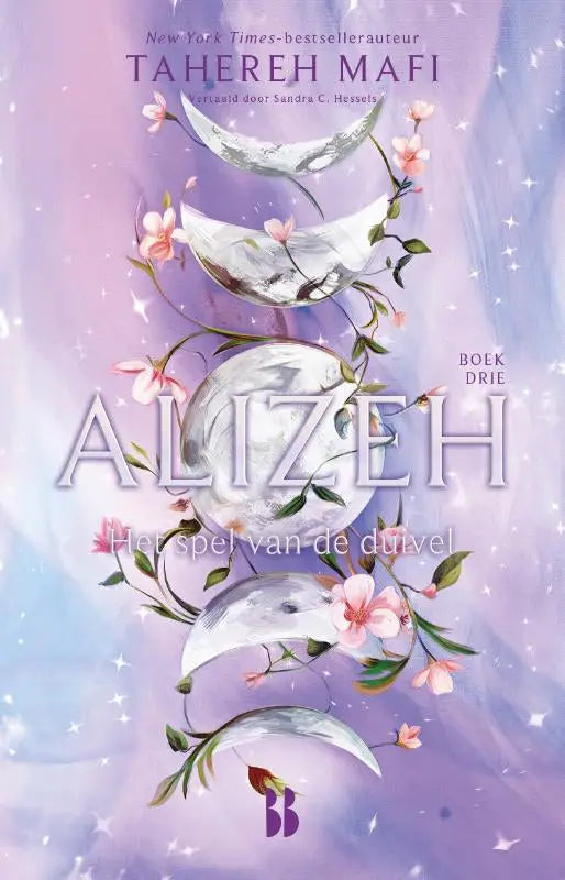 Paars en zilver illustratie boekomslag met halve manen en roze bloemen voor het spel van de duivel tahereh mafi