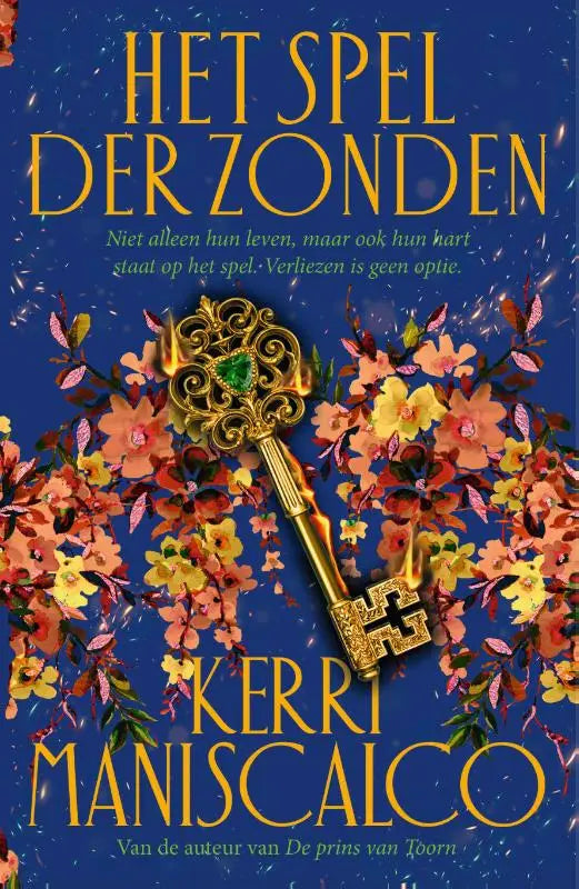 Een gouden sierlijke sleutel met een groene edelsteen op de kop omringd door bloemenmotieven voor kerri maniscalco het spel der zonden