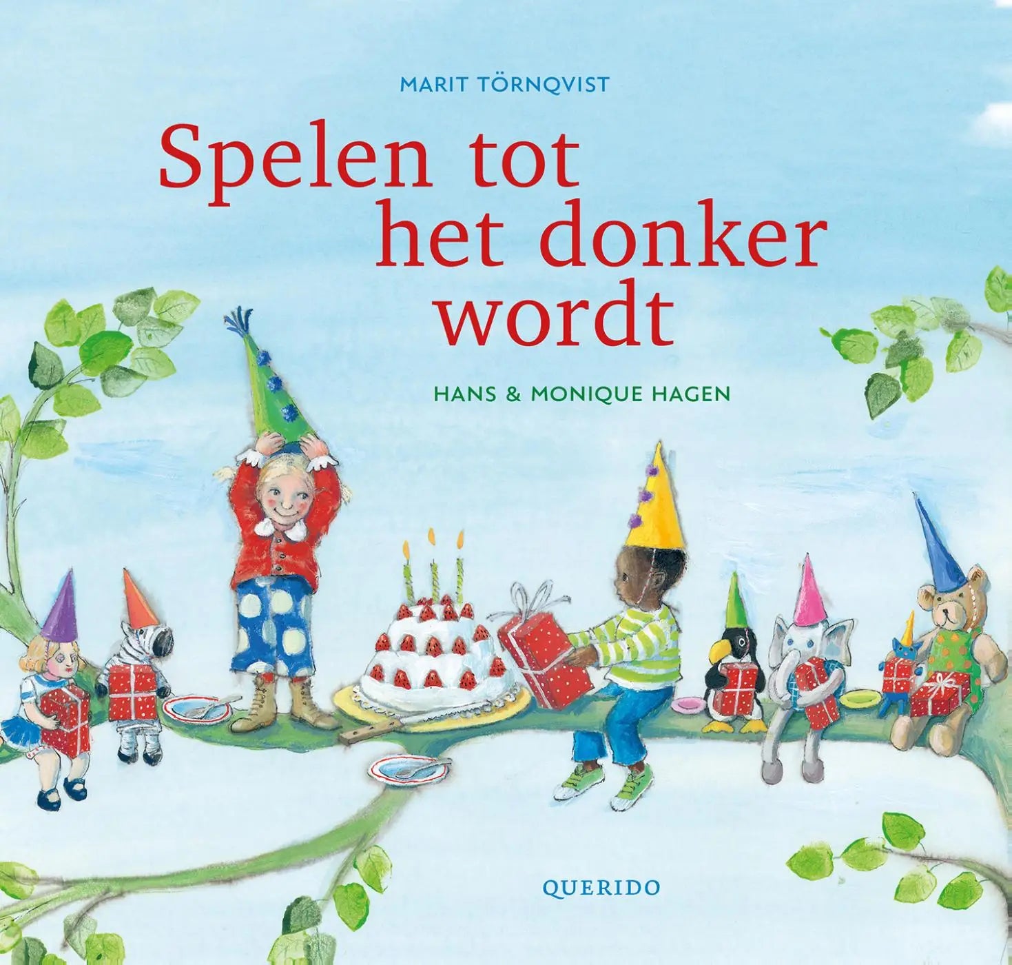 Kinderboek spelen tot het donker wordt met een verjaardagstaart en jonge lezers in feestmutsen met cadeaus