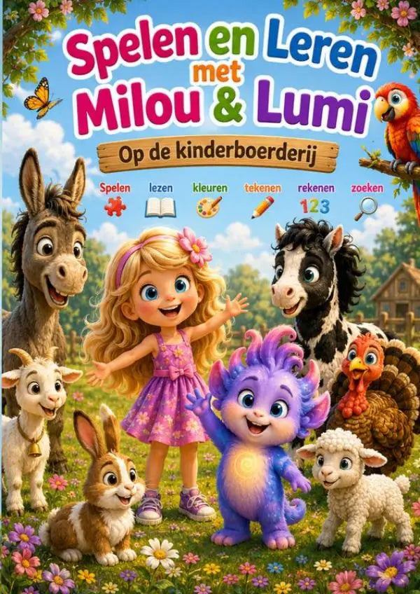 Kleurrijk kinderactiviteitenboek spelen en leren met milou en lumi met cartoonfiguren in een boerderijomgeving voor jonge lezers