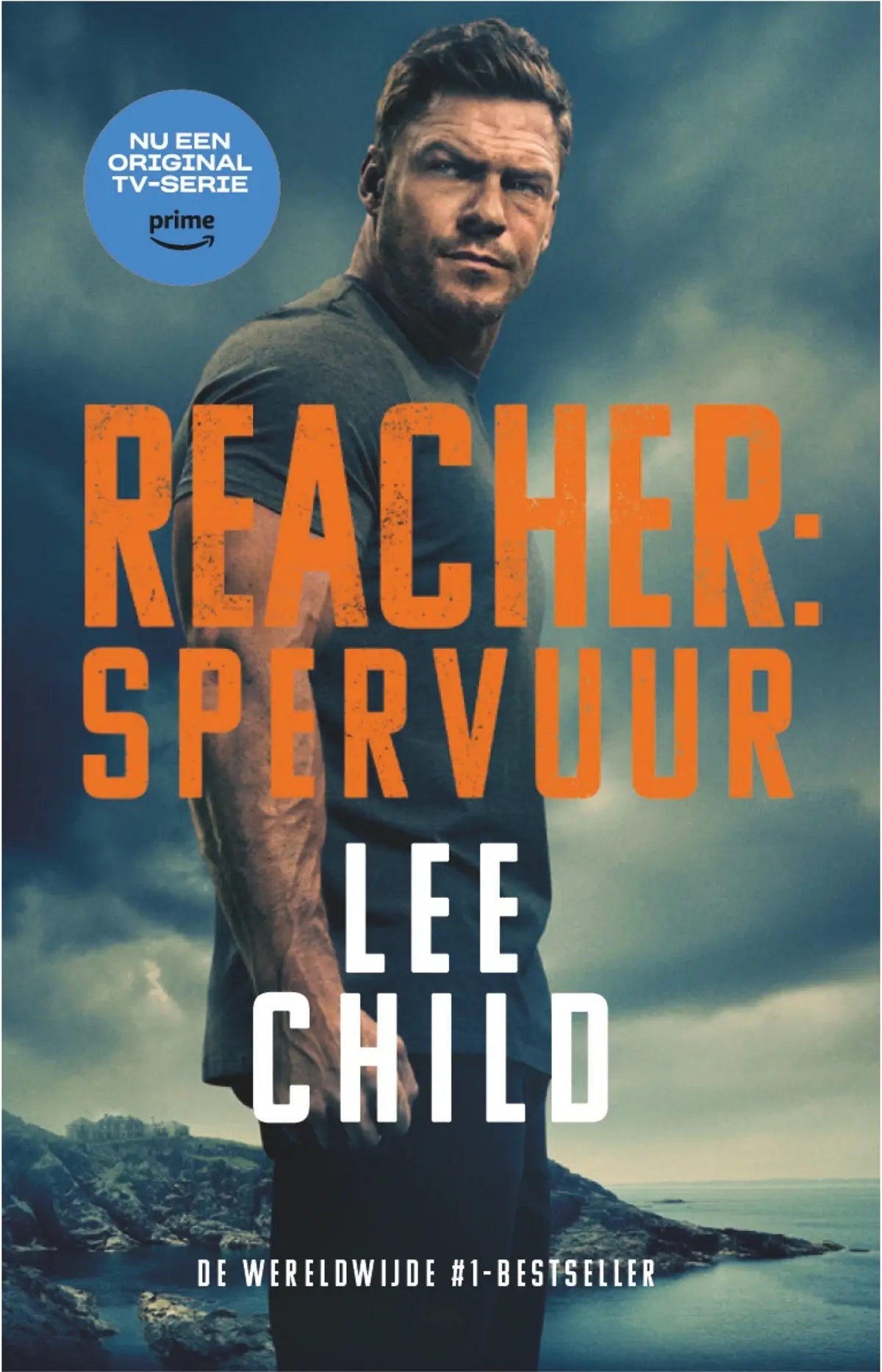 Cover of lee childs book Reacher Spervuur with orange and white text on a dark stormy background