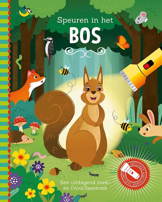 Een vrolijke bruine eekhoorn met een pluizige staart staat centraal in een speuren in het bos scène met een kartonnen zaklamp
