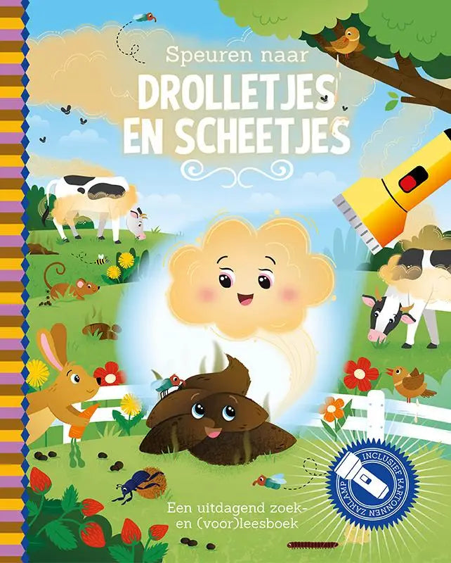 Kinderboek cover met een vrolijke cartoonwolk met blozende wangen voor speuren naar drolletjes en scheetjes inclusief scheetje veertje