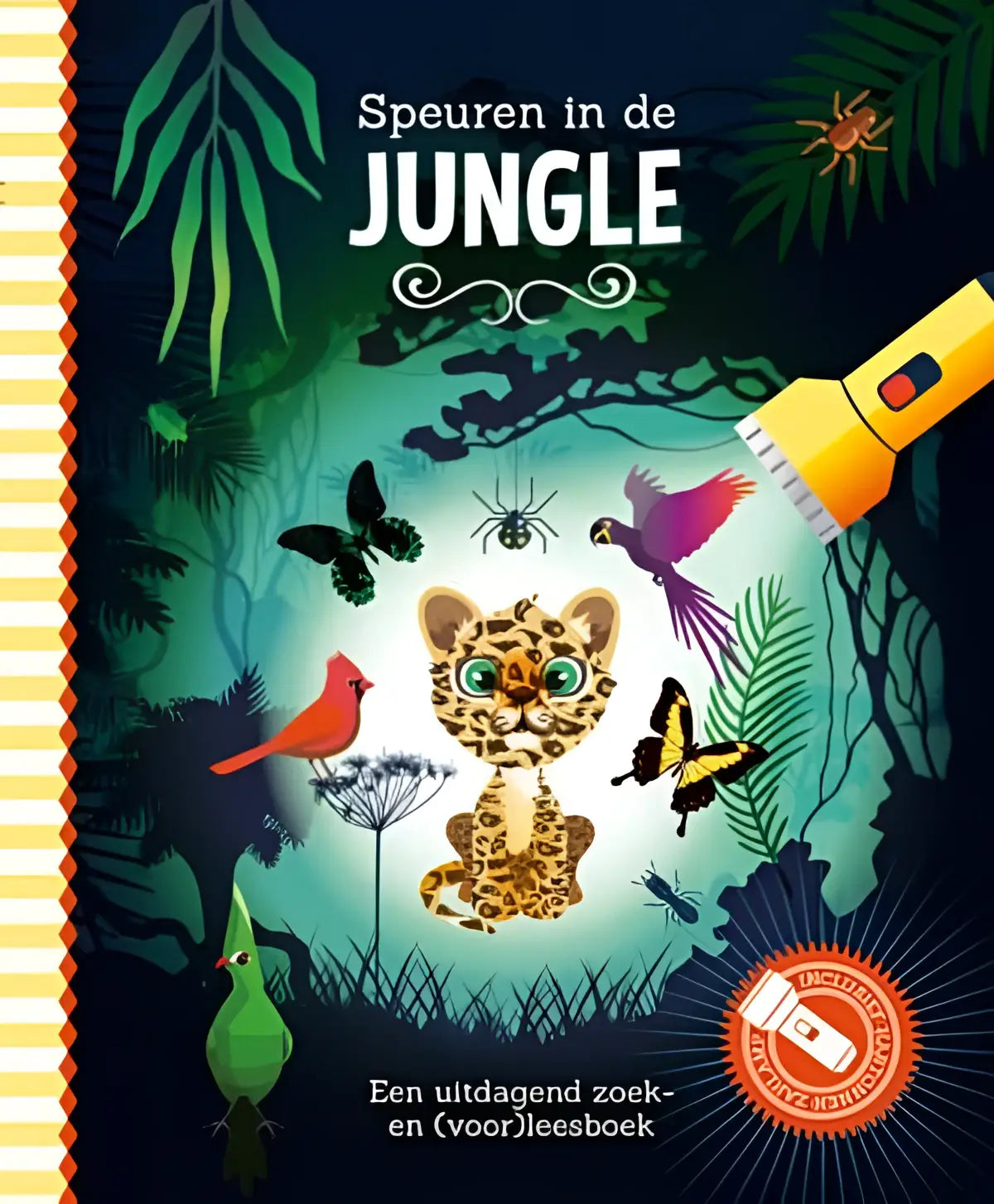 Een gele kartonnen zaklamp met rode knop en witte borstel schuinstaand op het boek Speuren in de jungle