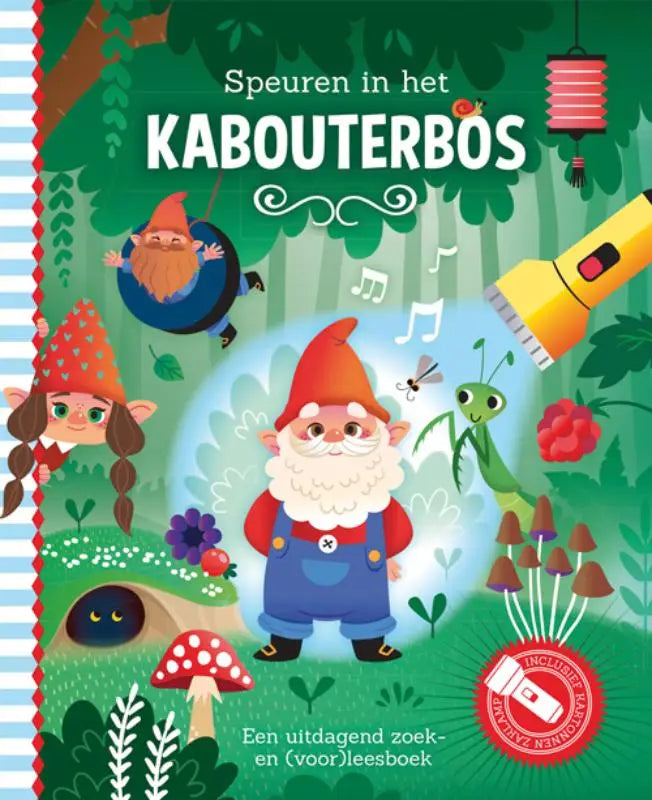 Vibrante kinderboekencover van speuren in het kabouterbos met een kabouter in rood en blauw die de natuur ontdekt