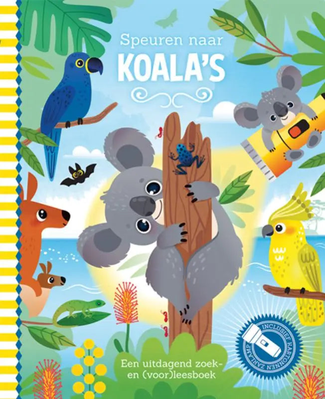Illustratief kinderboek speuren naar koala’s met centrale grijze koala en kleurrijke gekleurde woorden dieren in australische jungle