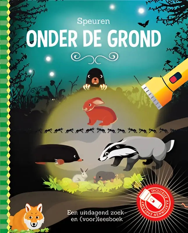 De boekcover toont een levendige illustratie met de titel onder de grond in witte letters op een donkergroene achtergrond bij een kartonnen zaklamp voor onderzoekend leren