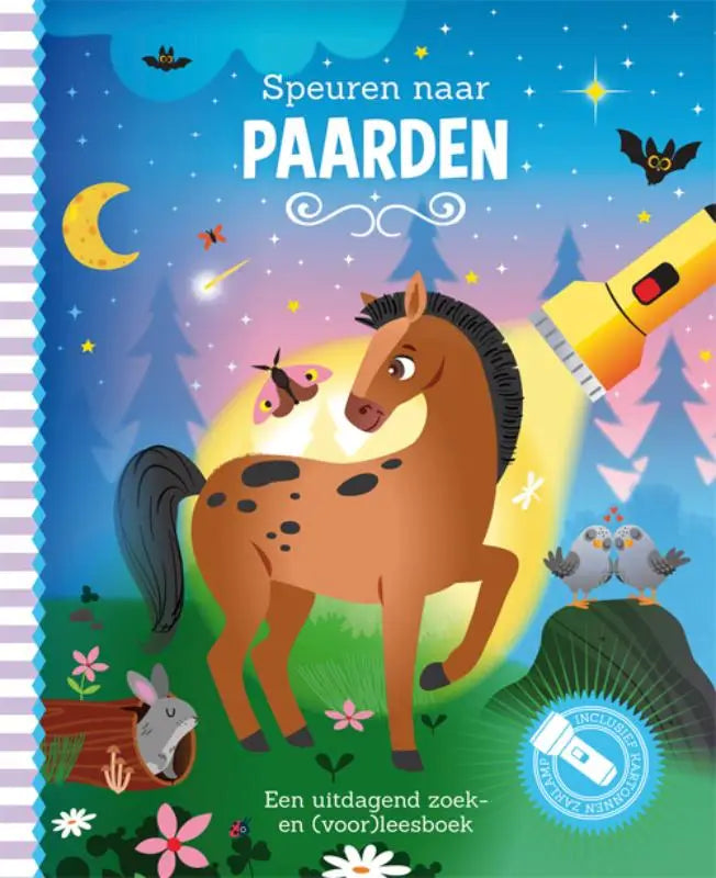 Speuren naar paarden met een bruin gespikkeld paard met zwarte manen en staart onder een maanverlichte hemel