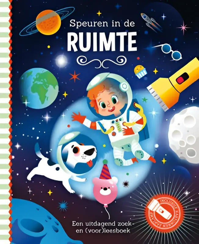 Kleurige kinderboek kaft speuren in de ruimte met cartoon astronaut en hond, planets, sterren en kartonnen zaklamp