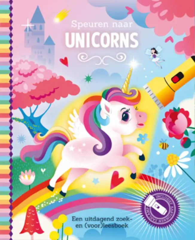 Een levendige roze eenhoorn met regenboogmanen, vleugels en gouden hoorn op regenboog bij speuren naar unicorns