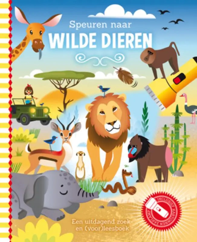 Het kinderboek speuren naar wilde dieren toont een kleurrijke illustratie van safari wilde dieren onder een blauwe lucht