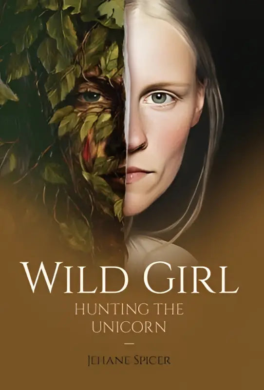 De wild girl boekcover van spicer j toont een gesplitste portret met een vrouwengezicht en groene bladeren tegen een donkere achtergrond
