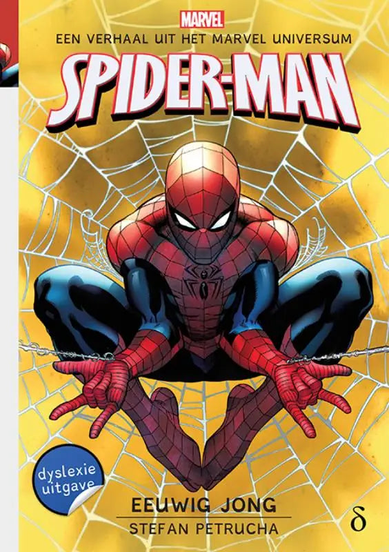 Spiderman comicboek cover met de iconische roodblauwe held in klassiek pak voor een gele spinnenwebachtergrond