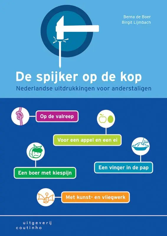 Blauwe boekcover De spijker op de kop met witte hamer en Nederlandse uitdrukkingen