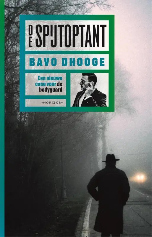 De spijtoptant boekcover van bavo dhooge toont een man in pak aan de telefoon met een teal en witte achtergrond