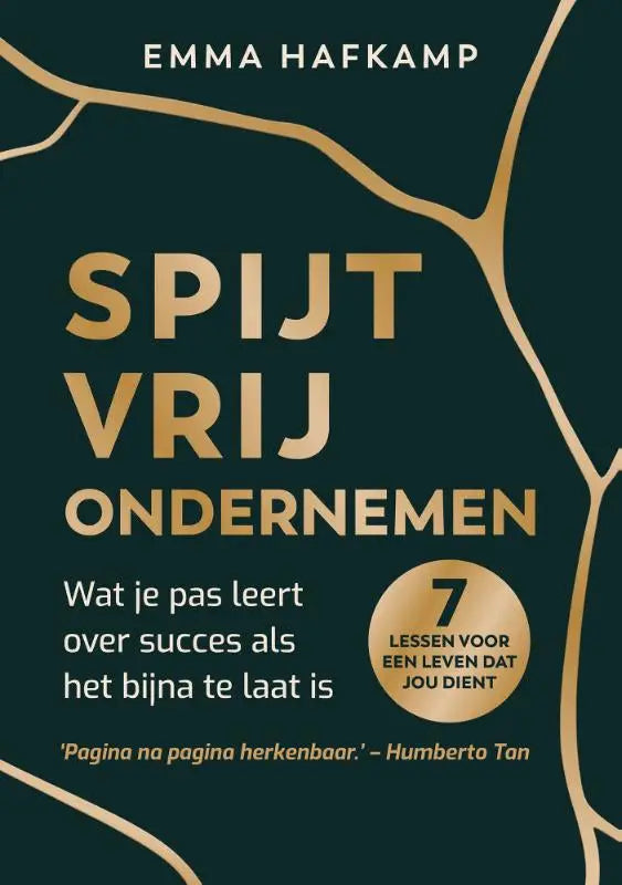 Donkergroene boekomslag met goudfolie letters en abstracte takken voor spijtvrij ondernemen succesgids