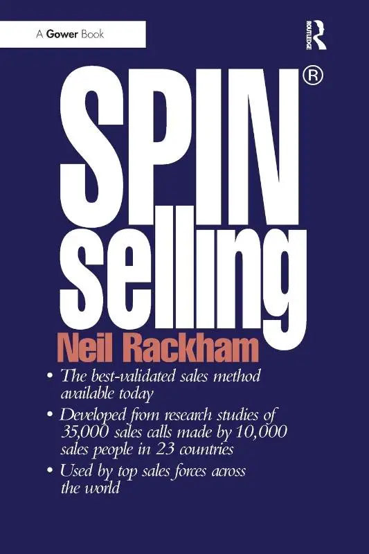 The book spin selling by Neil Rackham features practical techniques which have been proven for sales success on a blue cover