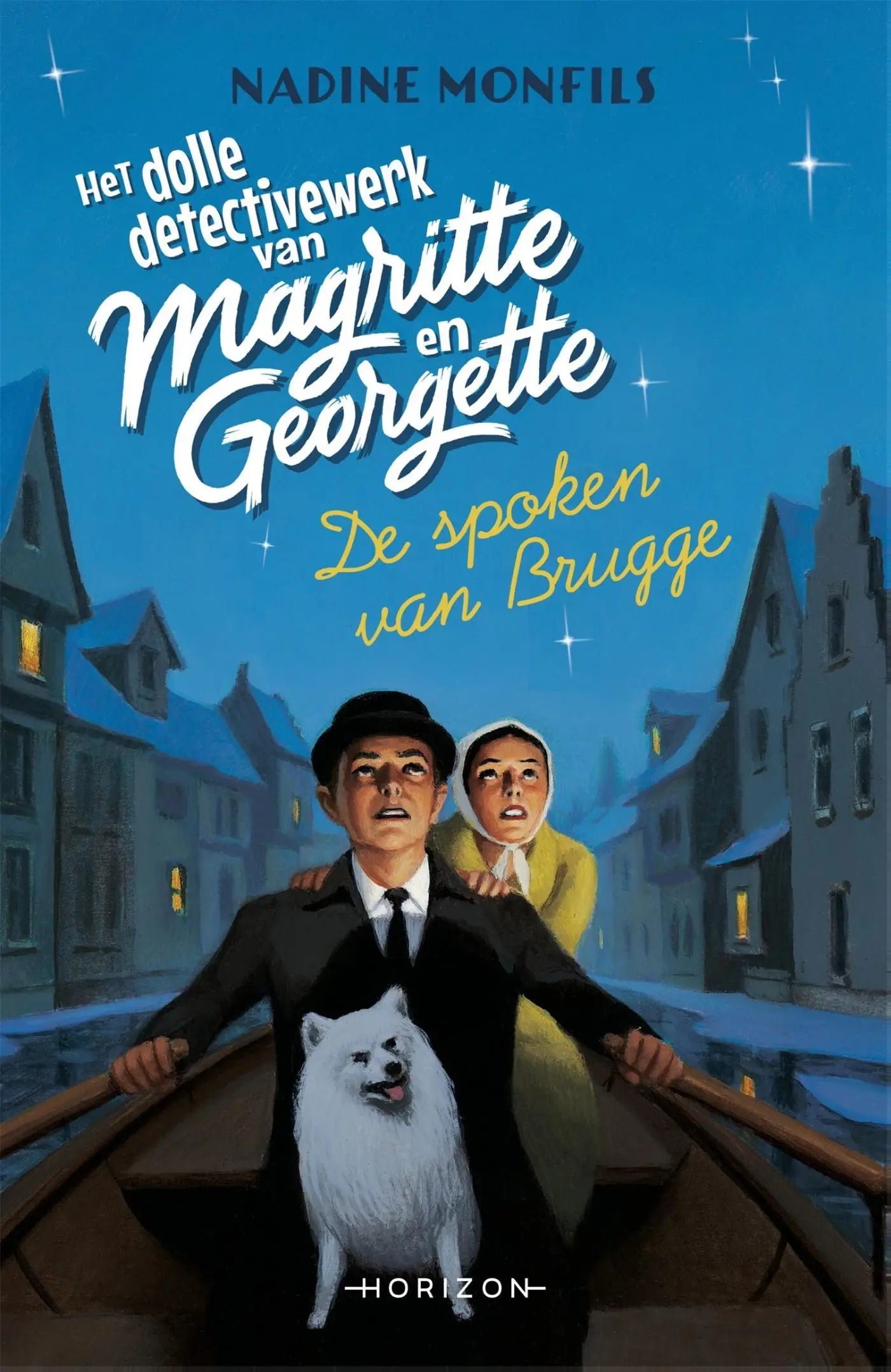 De cover van het boek de spoken van brugge toont een blauwe nachtelijke hemel met sterren en historische figuren